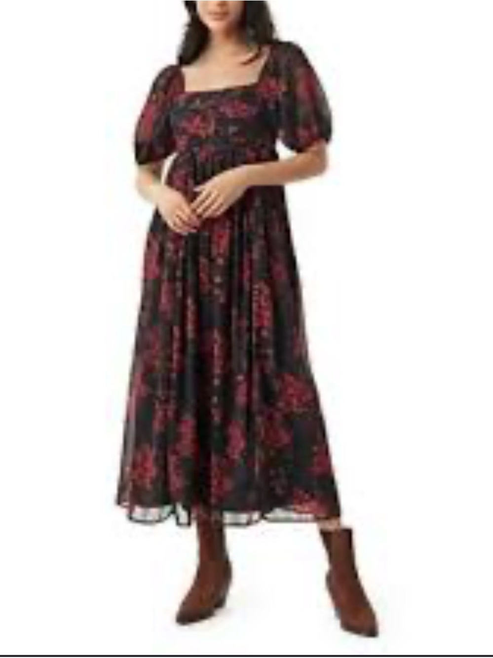 Wallflower Black Maxi Dress with Red Floral Print and Puff Sleeves - Picture 1 of 7